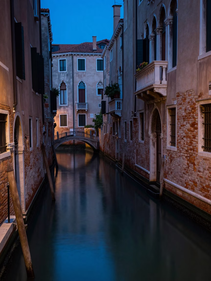 Venice Canals at Indigo Twilight with Glass Vases on Wooden Dock in in Venice, Italy