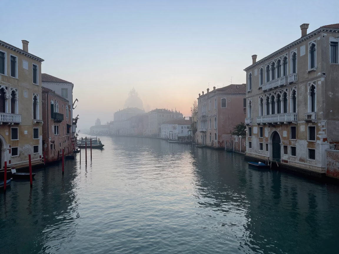 Venice Canals Before Sunrise Misty Morning Light Reflections in in Venice, Italy