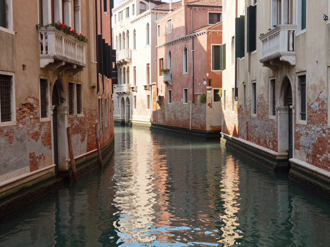Venice Canals Morning Light Reflections on Water and Stone Architecture in in Venice, Italy