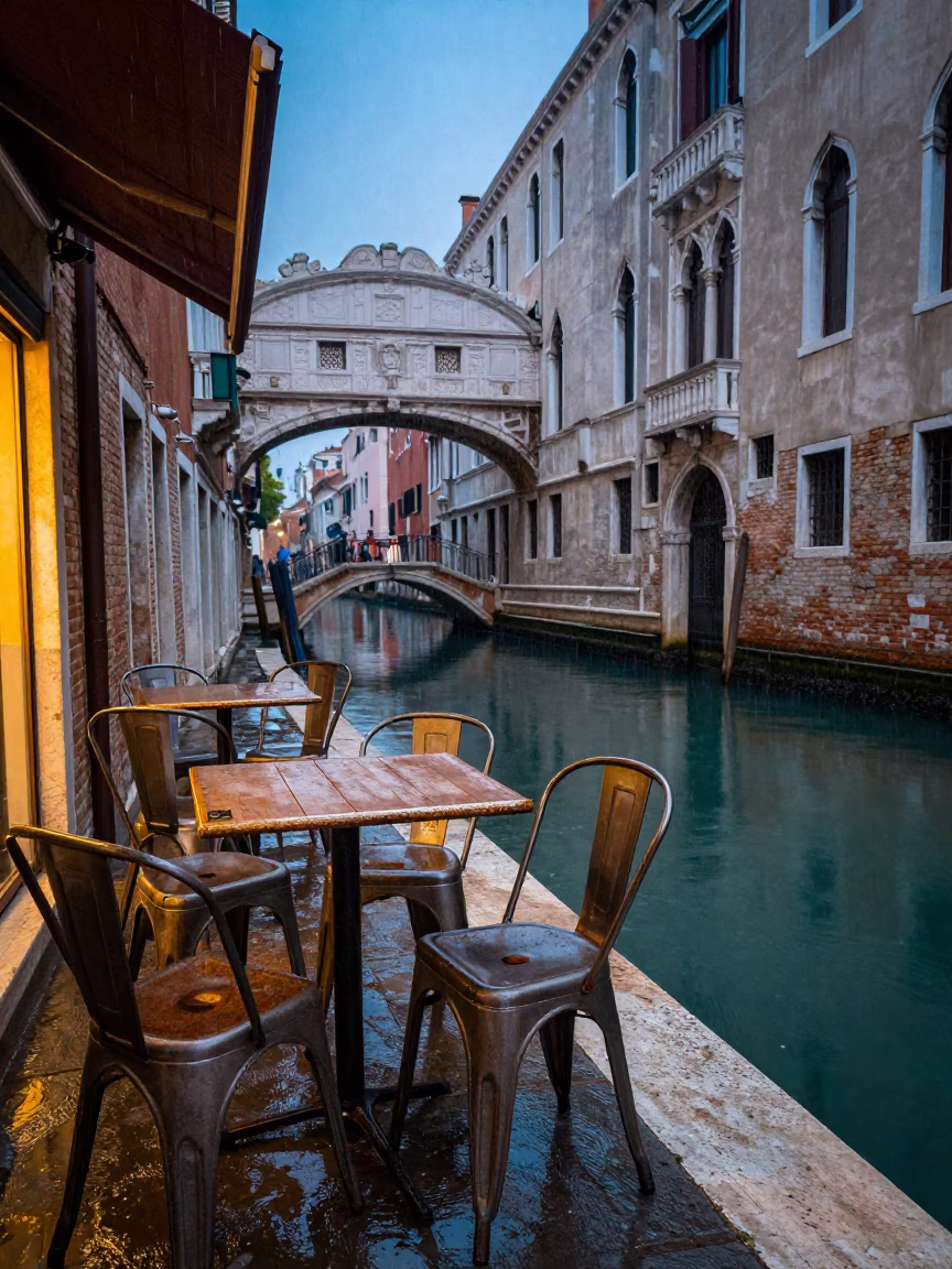 Venice Canalside Cafe Under Light Rain at Dusk with Metal Stools in in Venice, Italy