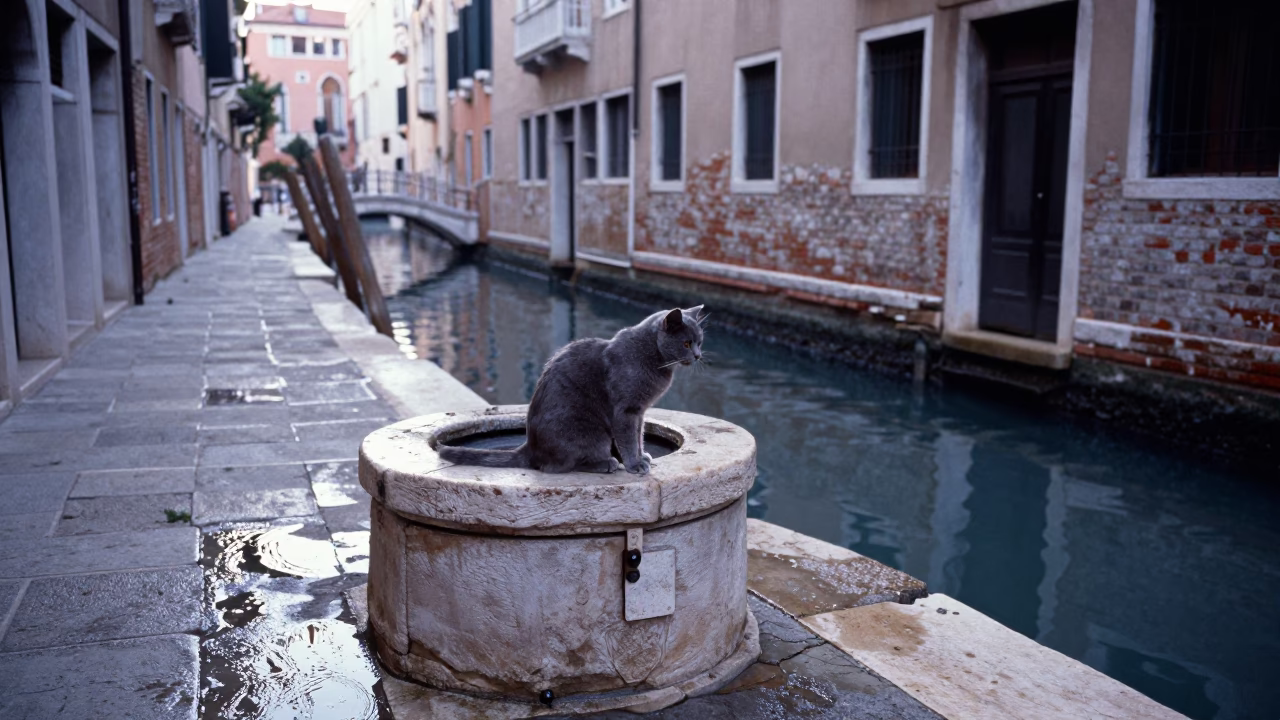Venice Cat at Early Morning Light in in Venice, Italy