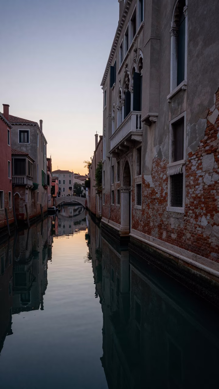 Venice Dawn Canal Reflections with Linen Fringe Detail and Early Morning Mist in in Venice, Italy