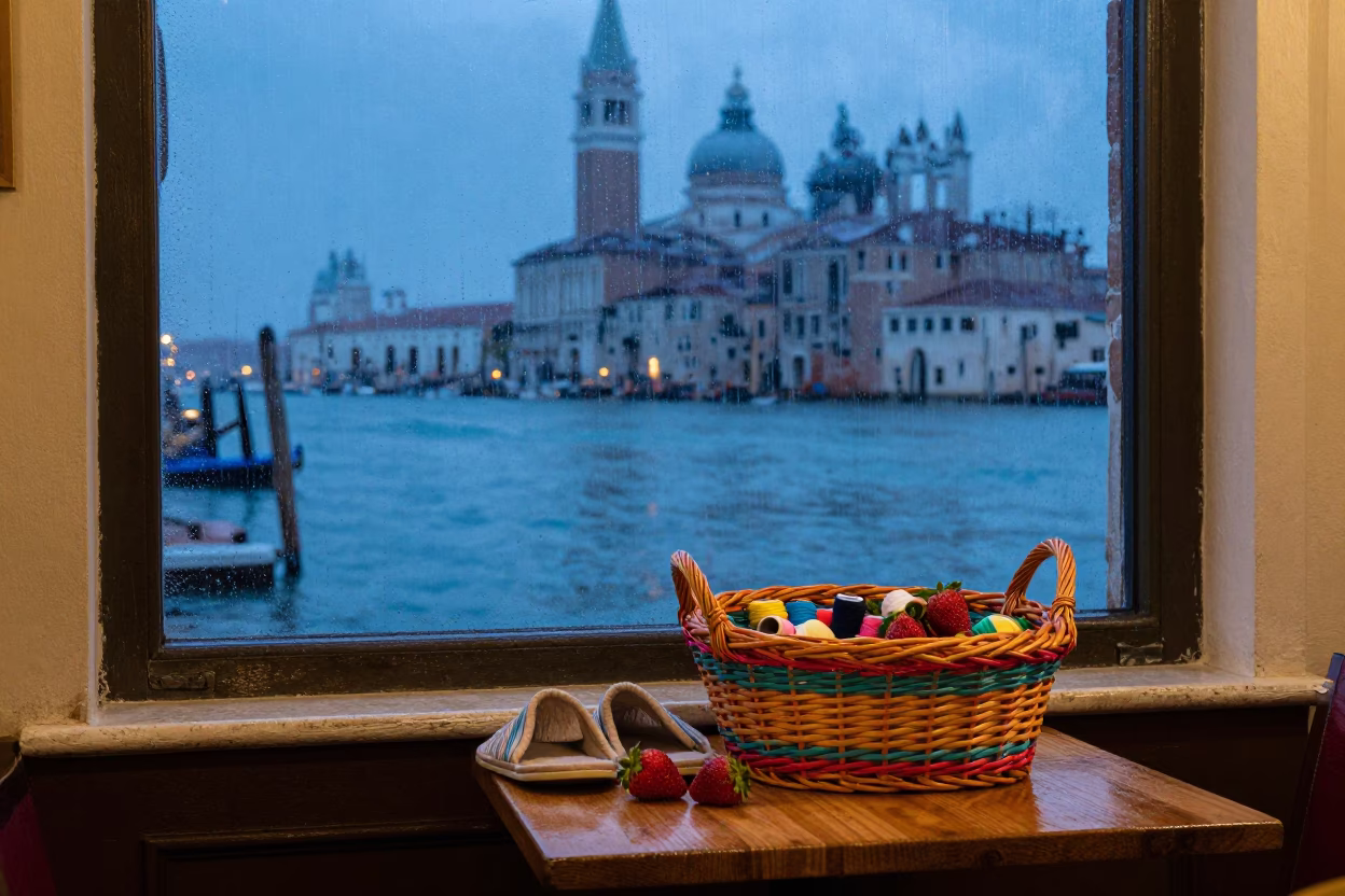 Venice Dusk Rain Sewing Basket and Strawberries on Canal Side Table in in Venice, Italy