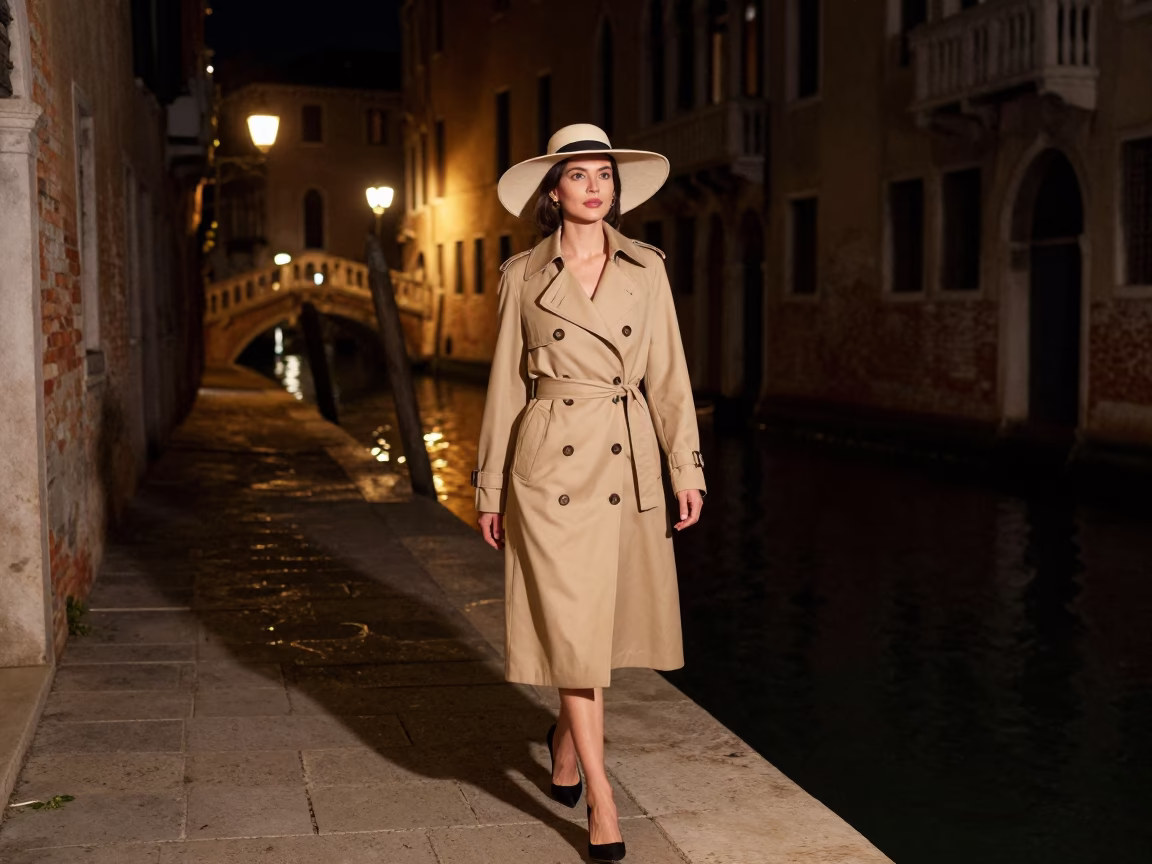 Venice Elegant Woman at Deep In The Night Light in in Venice, Italy