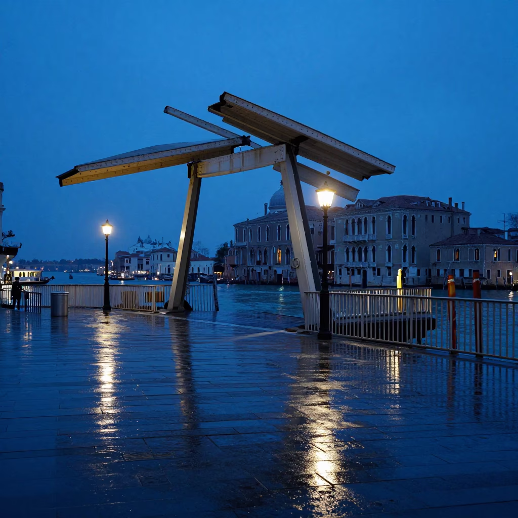 Venice Evening Blue Hour Bridge Deck and River Light Realistic Street Photography in in Venice, Italy