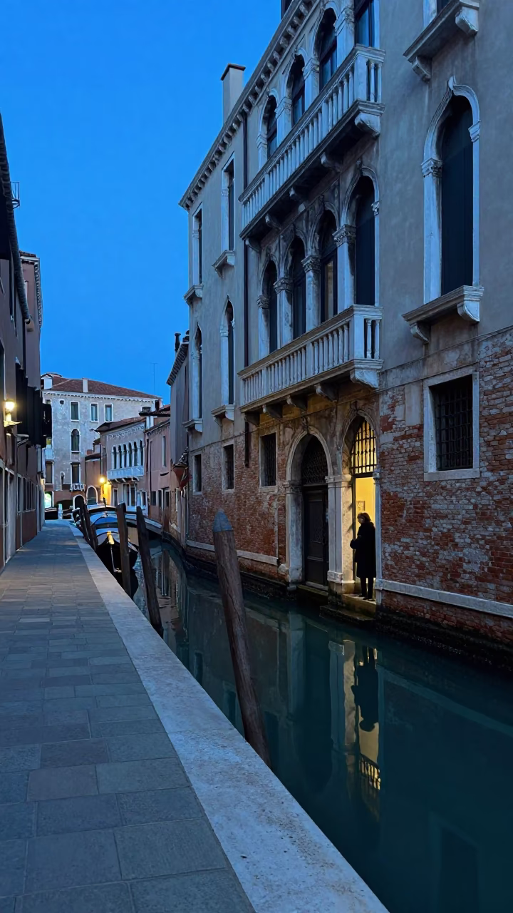 Venice Evening Blue Hour Canal Side Street with Glass Wall Reflections and Pomegranate in in Venice, Italy