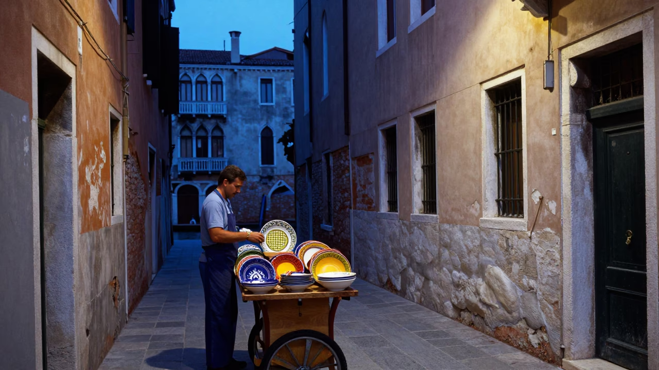 Venice Evening Blue Hour Colorful Street Scene with Local Life in in Venice, Italy