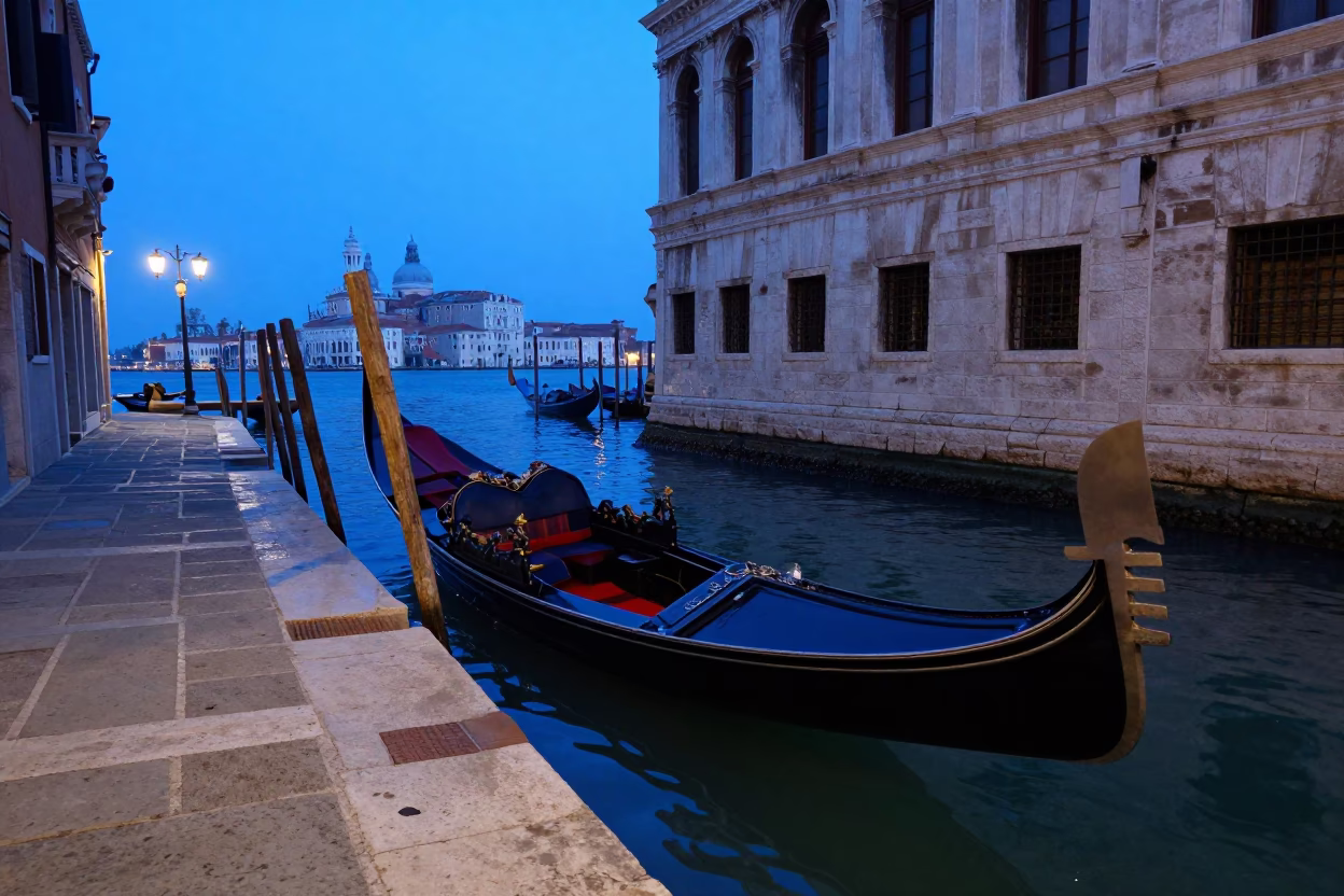 Venice Evening Blue Hour Gondola Mooring Near Historic Stone Bridge and Canal in in Venice, Italy