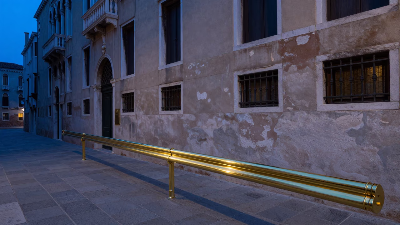 Venice Evening Blue Hour Polished Brass Runner on Historic Building Exterior in in Venice, Italy