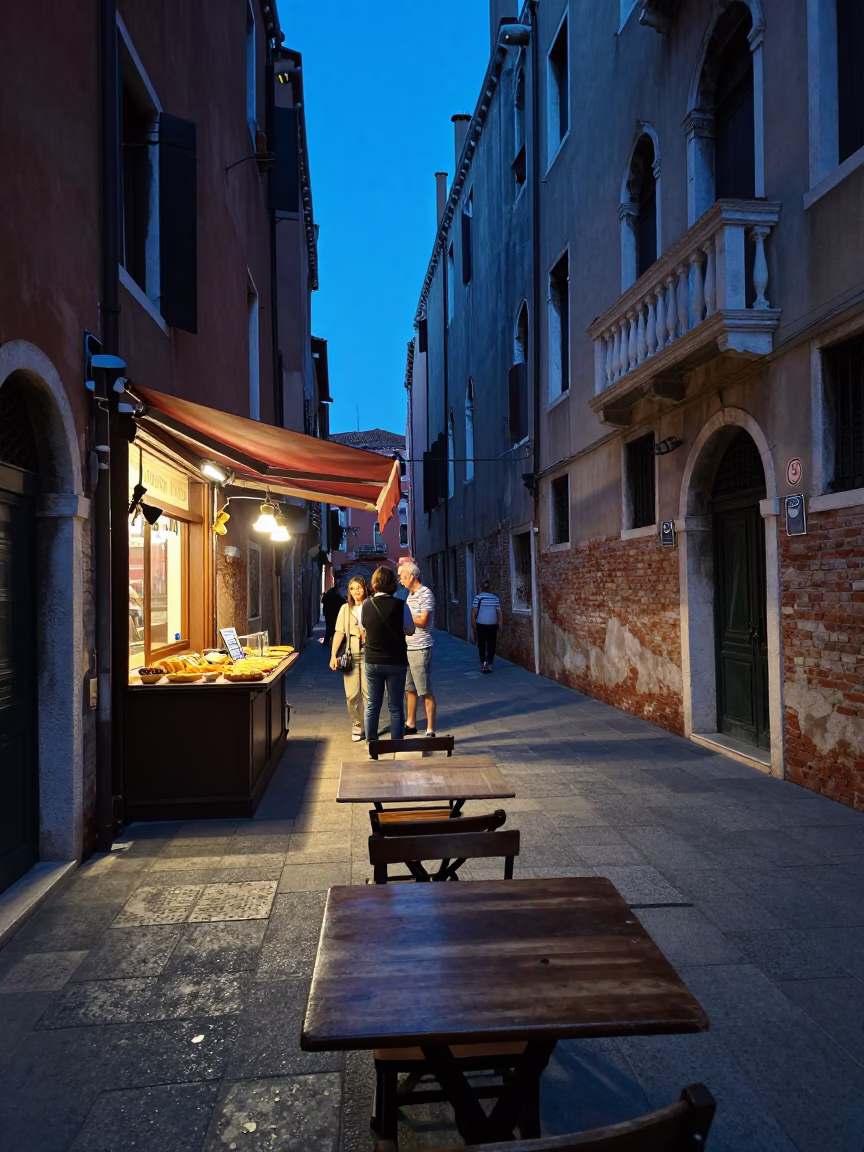Venice Evening Blue Hour Street Scene with Local Diners and Glass Vases in in Venice, Italy