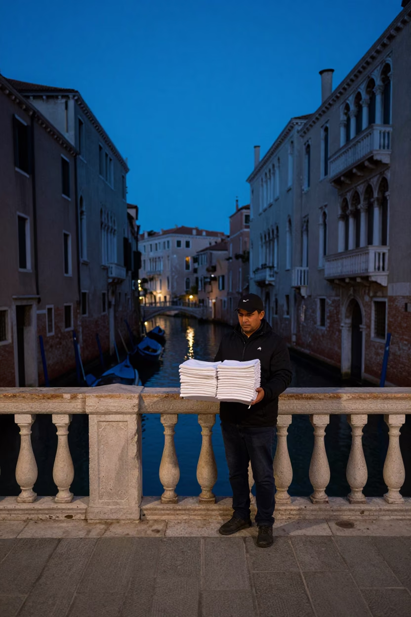 Venice Evening Blue Hour Street Scene with Local Vendor and Hand Towels in in Venice, Italy