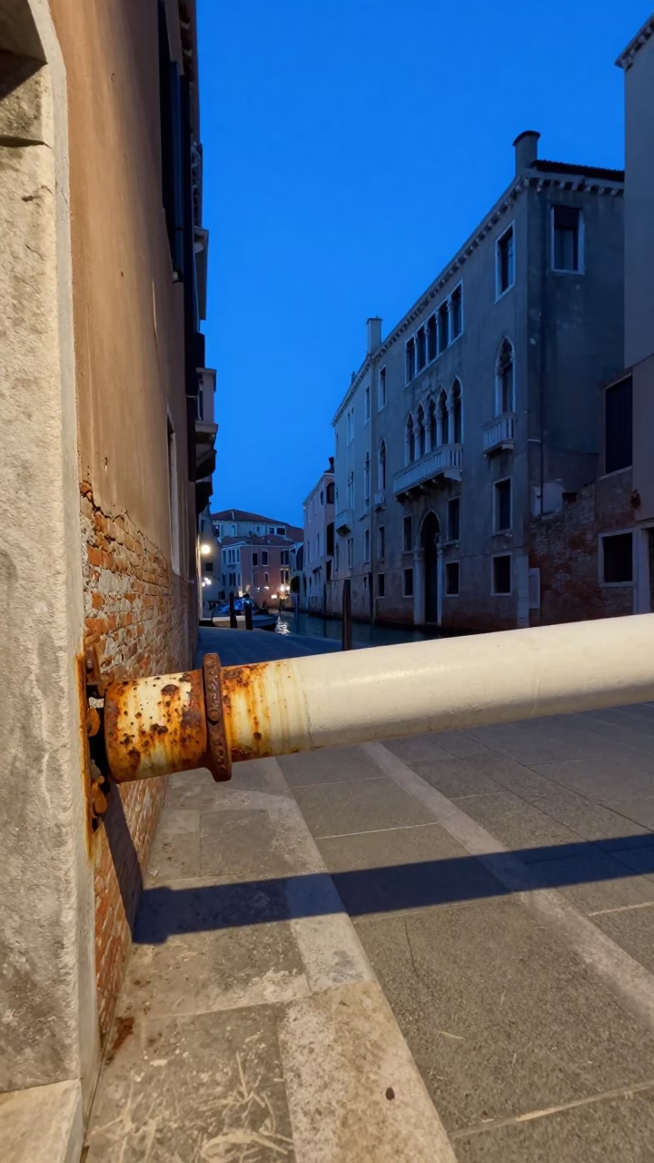 Venice Evening Blue Hour Street Scene with Rusty Hinge and Plant Pot in in Venice, Italy