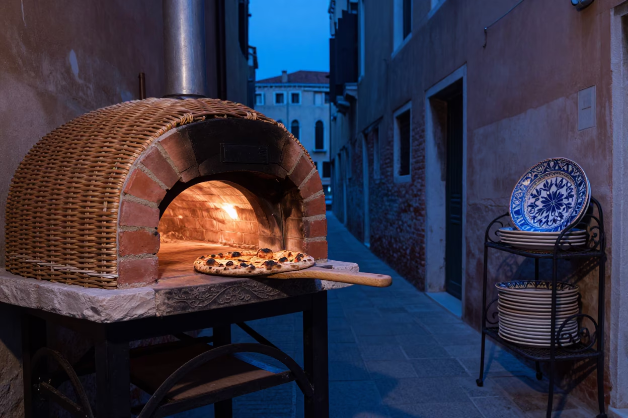Venice Evening Blue Hour Wicker Shadow Brick Oven and Majolica Plate Candid Street Scene in in Venice, Italy
