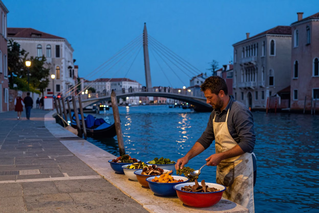 Venice Evening Canal Scene with Cable-Stayed Bridge and Local Market Activity in in Venice, Italy