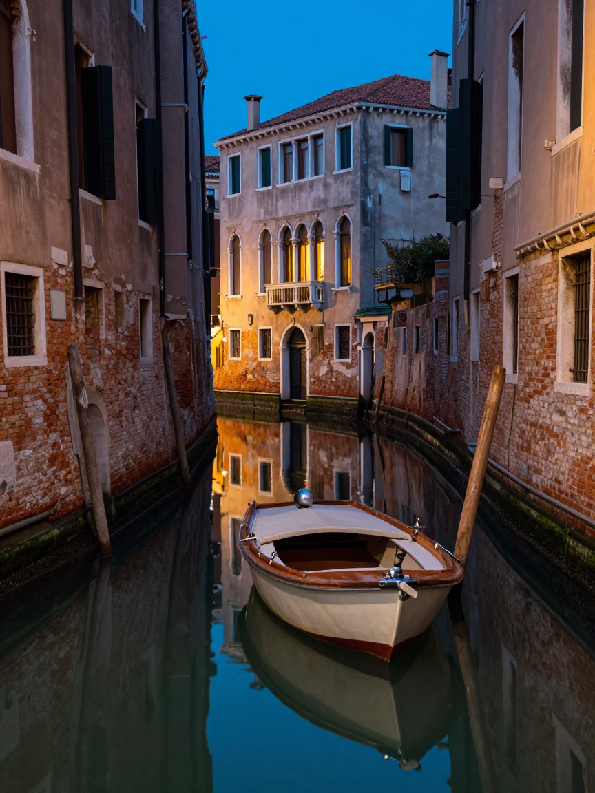 Venice Evening Canal Scene with Reflections and Local Life in in Venice, Italy
