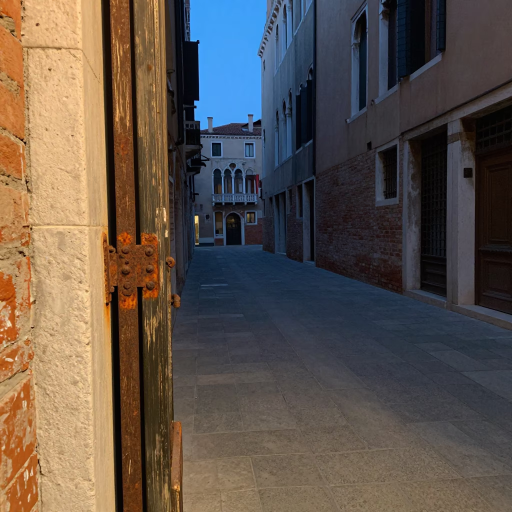 Venice Evening Street Scene with Rusty Doorframe and Local Interaction in in Venice, Italy