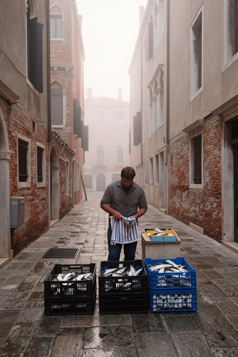 Venice Fishmonger at Dawn Light in in Venice, Italy