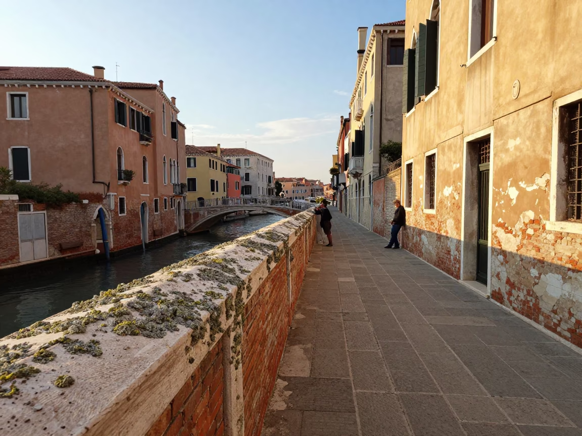 Venice Golden Hour Aqueduct Maintenance Path Lichen Parapets and Local Life in in Venice, Italy