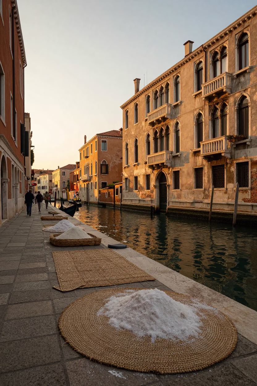 Venice Golden Hour Canal Side Stroll with Woven Mats and Salt Cellar in in Venice, Italy