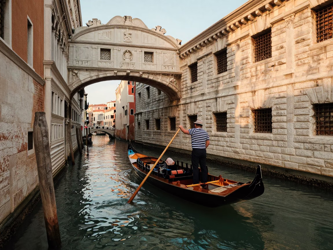 Venice Golden Hour Punt Guide Poling Past College Gardens Waterway in in Venice, Italy