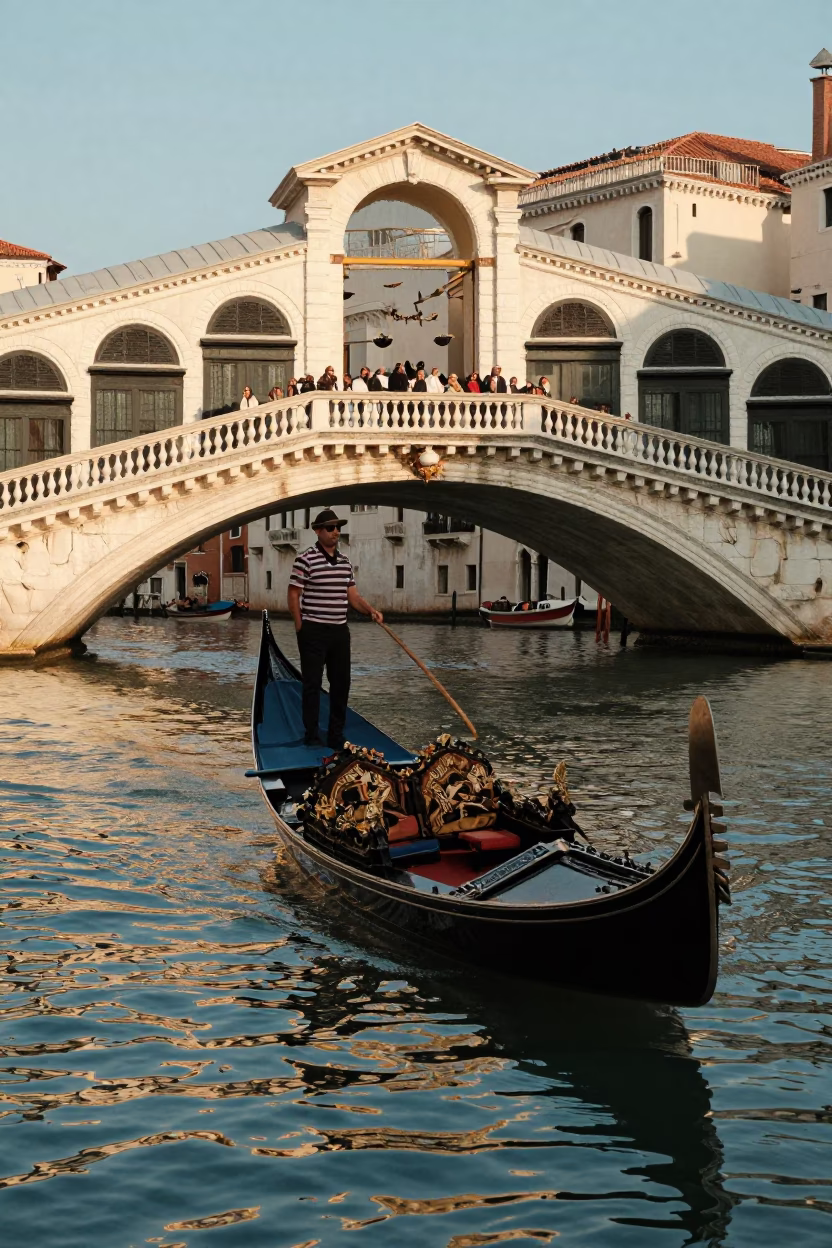 Venice Gondola Gliding Past Rialto Bridge in Late Afternoon Light in in Venice, Italy