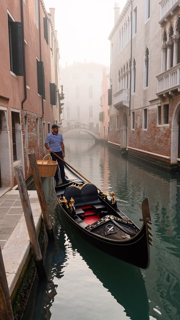 Venice Gondolier at Dawn Light in in Venice, Italy