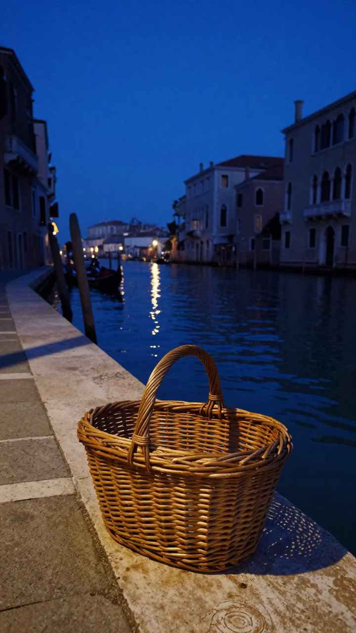 Venice Italy before dawn canal scene with wicker basket and shoehorn in in Venice, Italy