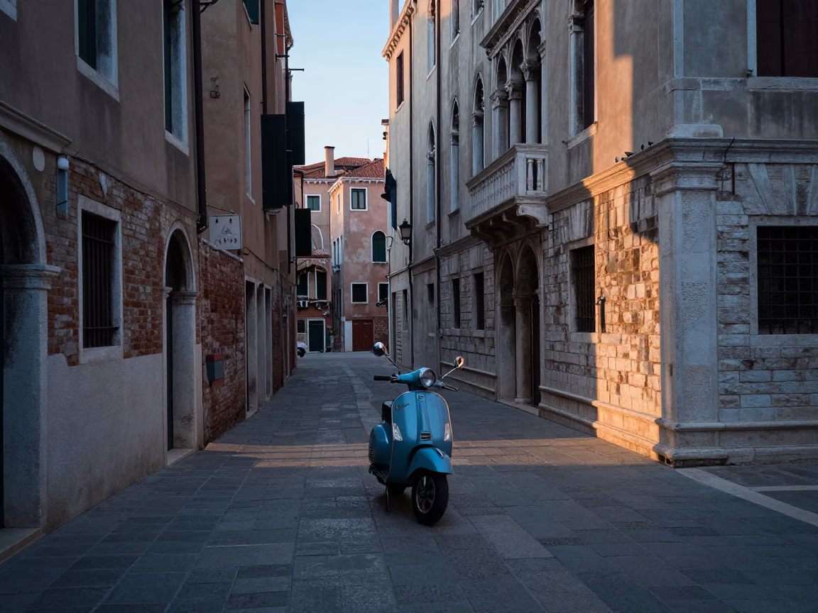 Venice Italy Before Dawn Scooter Weaving Through Narrow European Old Town Streets in in Venice, Italy