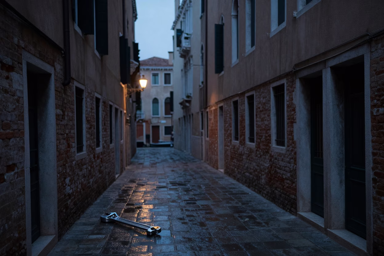 Venice Italy Before Dawn Street Scene with Adjustable Spanner and Armchair in Historic Alleyway in in Venice, Italy