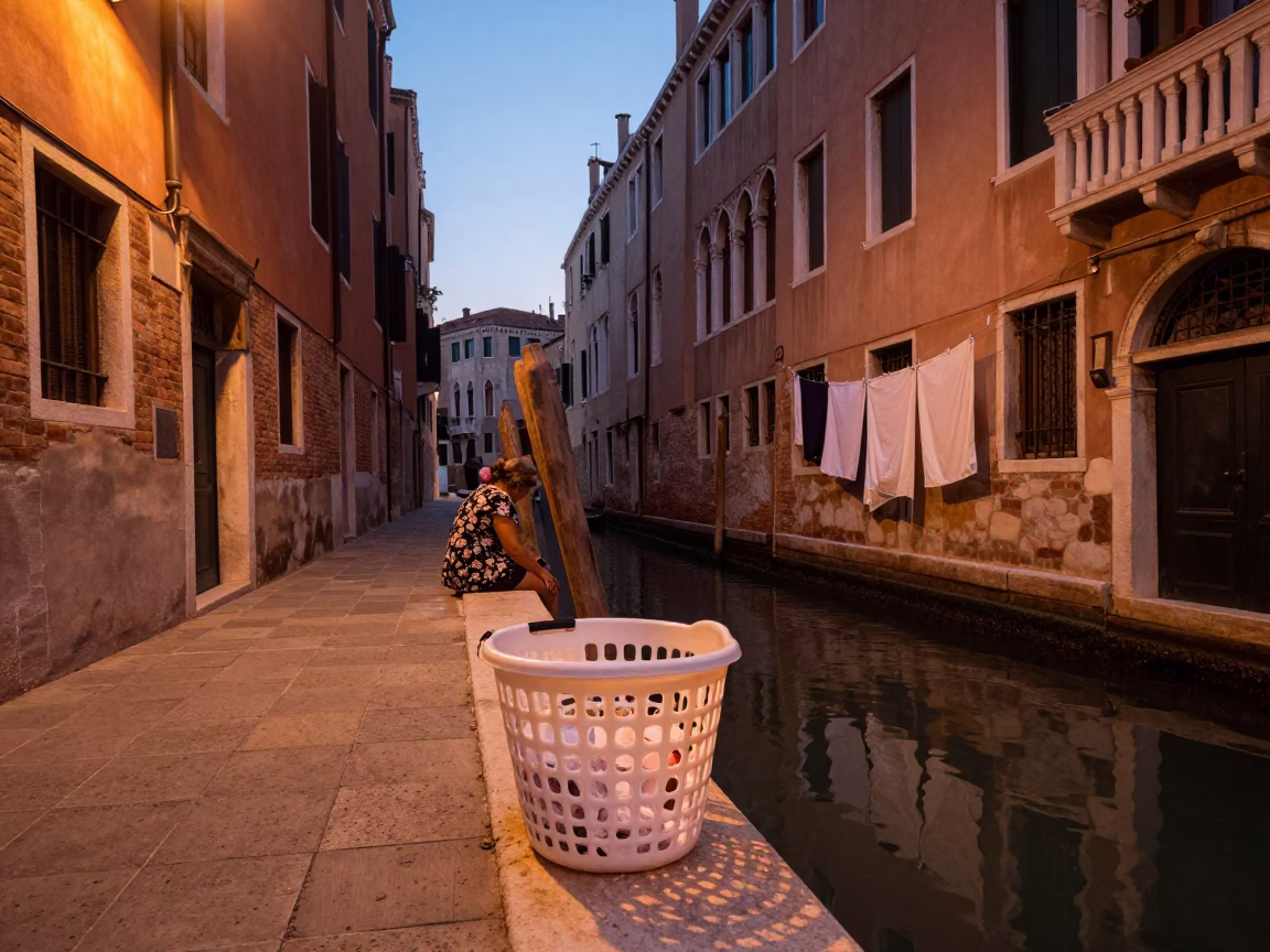 Venice Italy Before Dusk Copper Light Street Scene with Laundry Basket and Bridge in in Venice, Italy