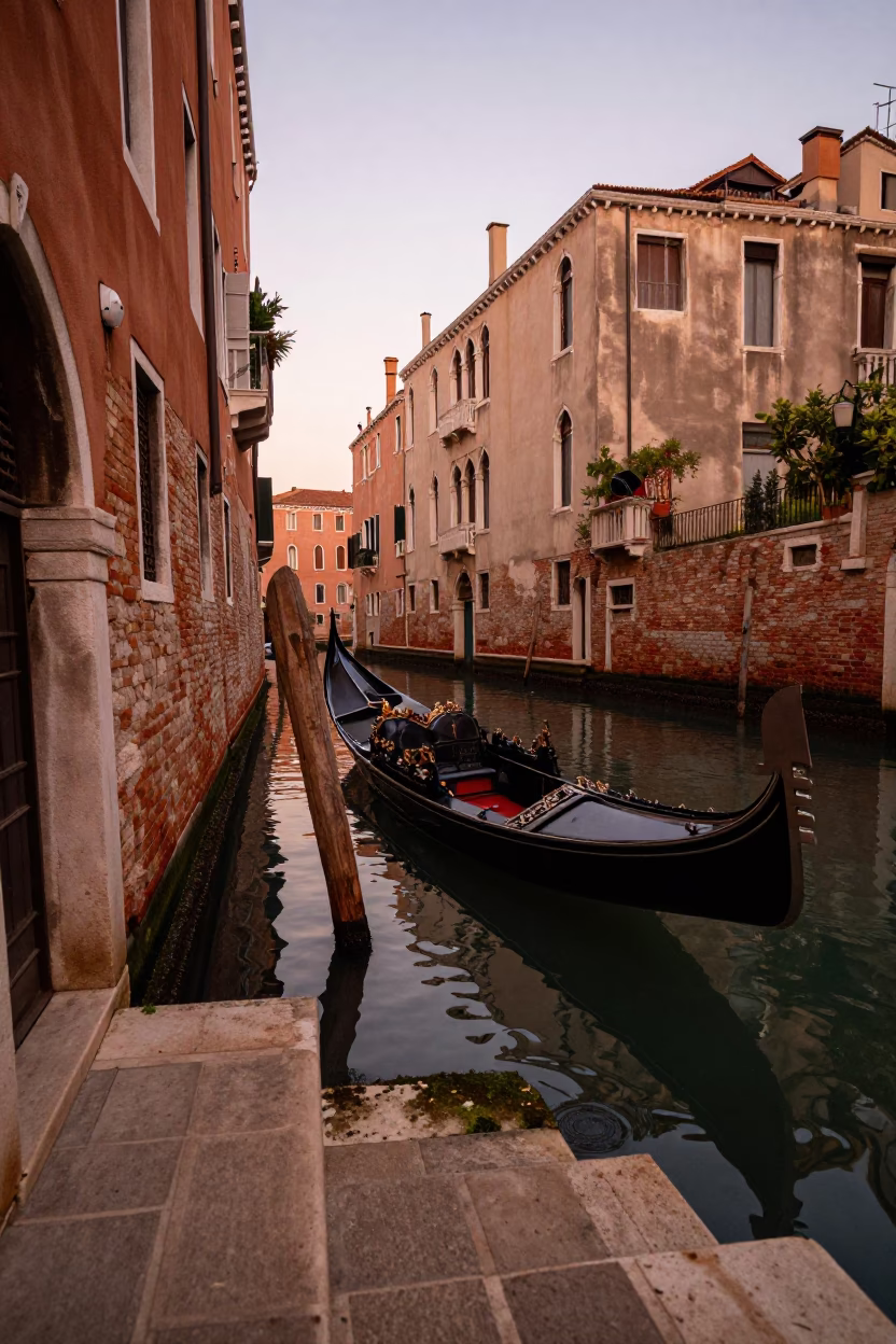Venice Italy Before Dusk Gondola Waterfront Lived-in Canal Scene in in Venice, Italy