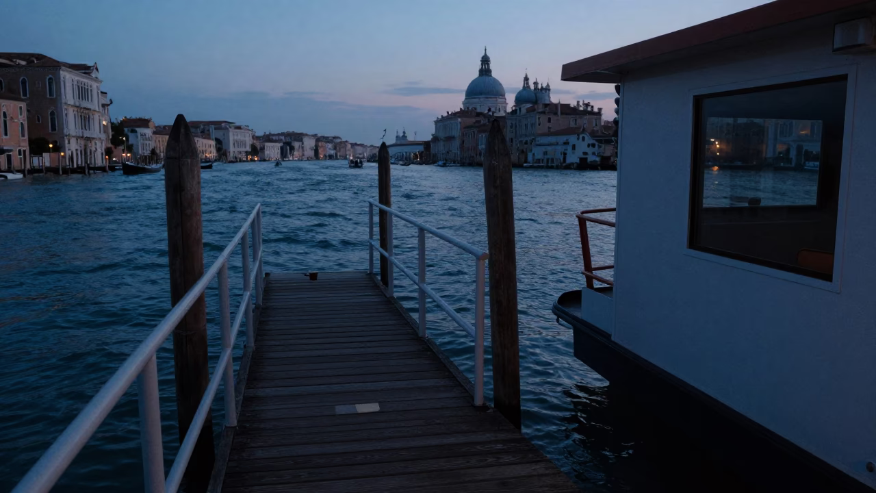 Venice Italy Before Sunrise Ferry Ramp and Espresso Cup on Waterfront in in Venice, Italy