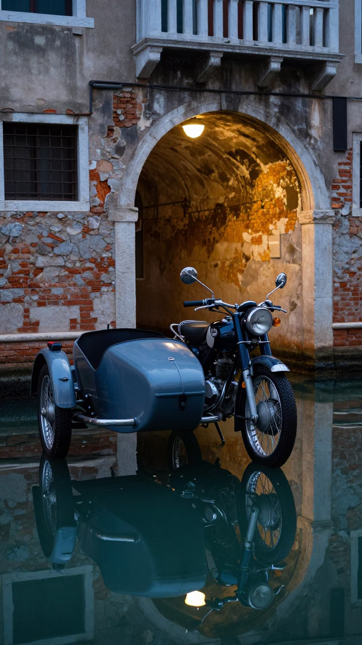 Venice Italy Blue Hour Canal Scene Vintage Motorcycle Sidecar Reflection in in Venice, Italy