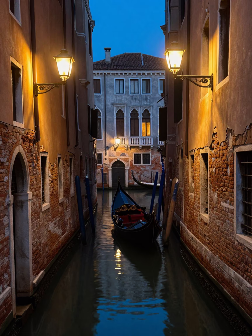 Venice Italy Blue Hour Canal Scene with Gondola and Historic Architecture in in Venice, Italy