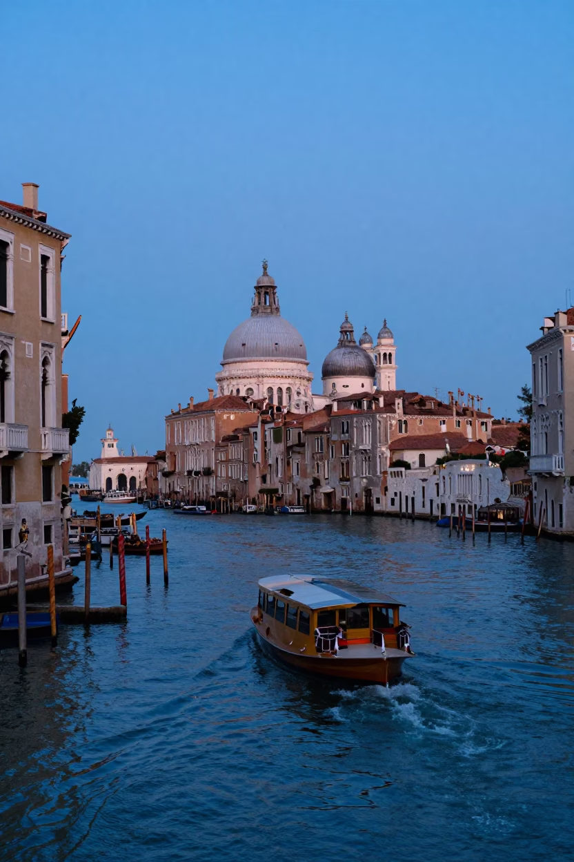 Venice Italy Blue Hour Canal Scene with Water Taxi and Historic Architecture in in Venice, Italy