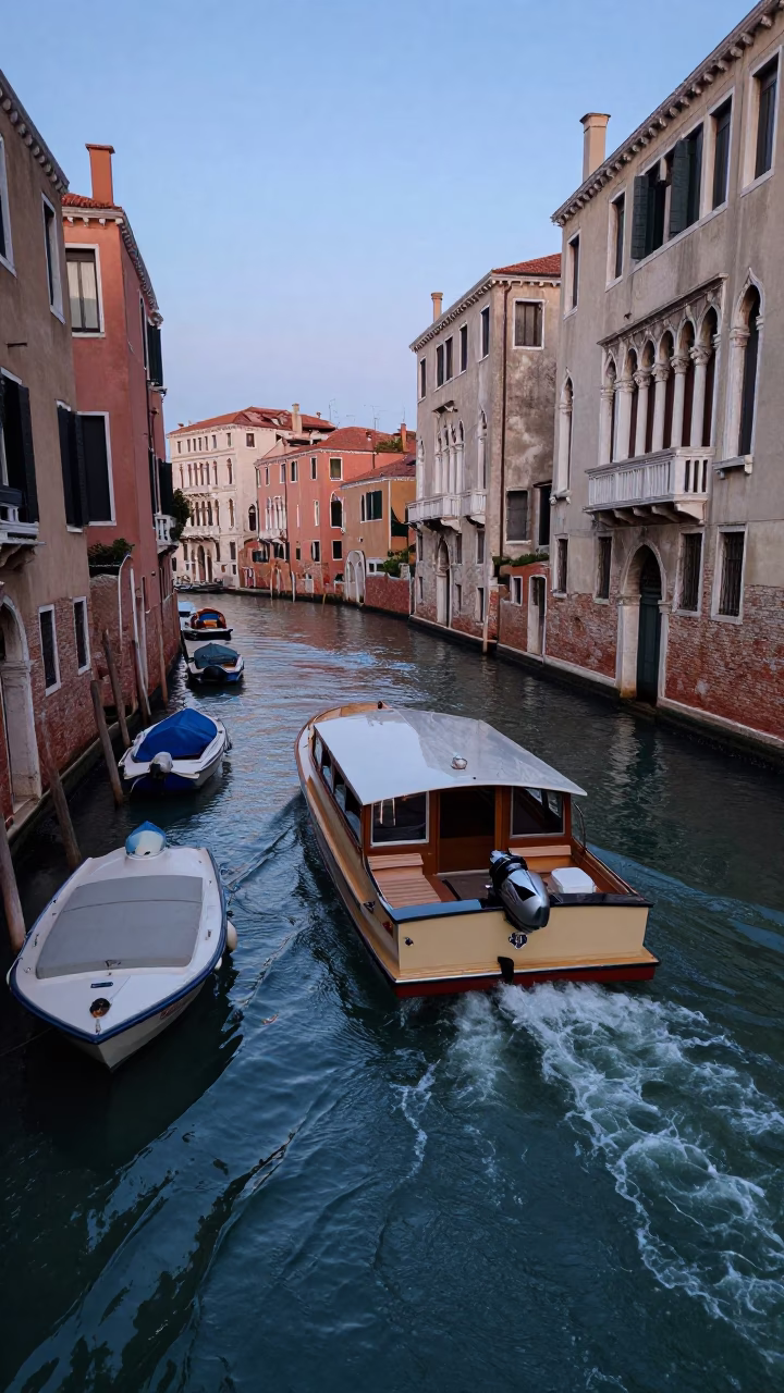 Venice Italy Blue Hour Canal Water Taxi Zigzagging Between Houseboats in in Venice, Italy