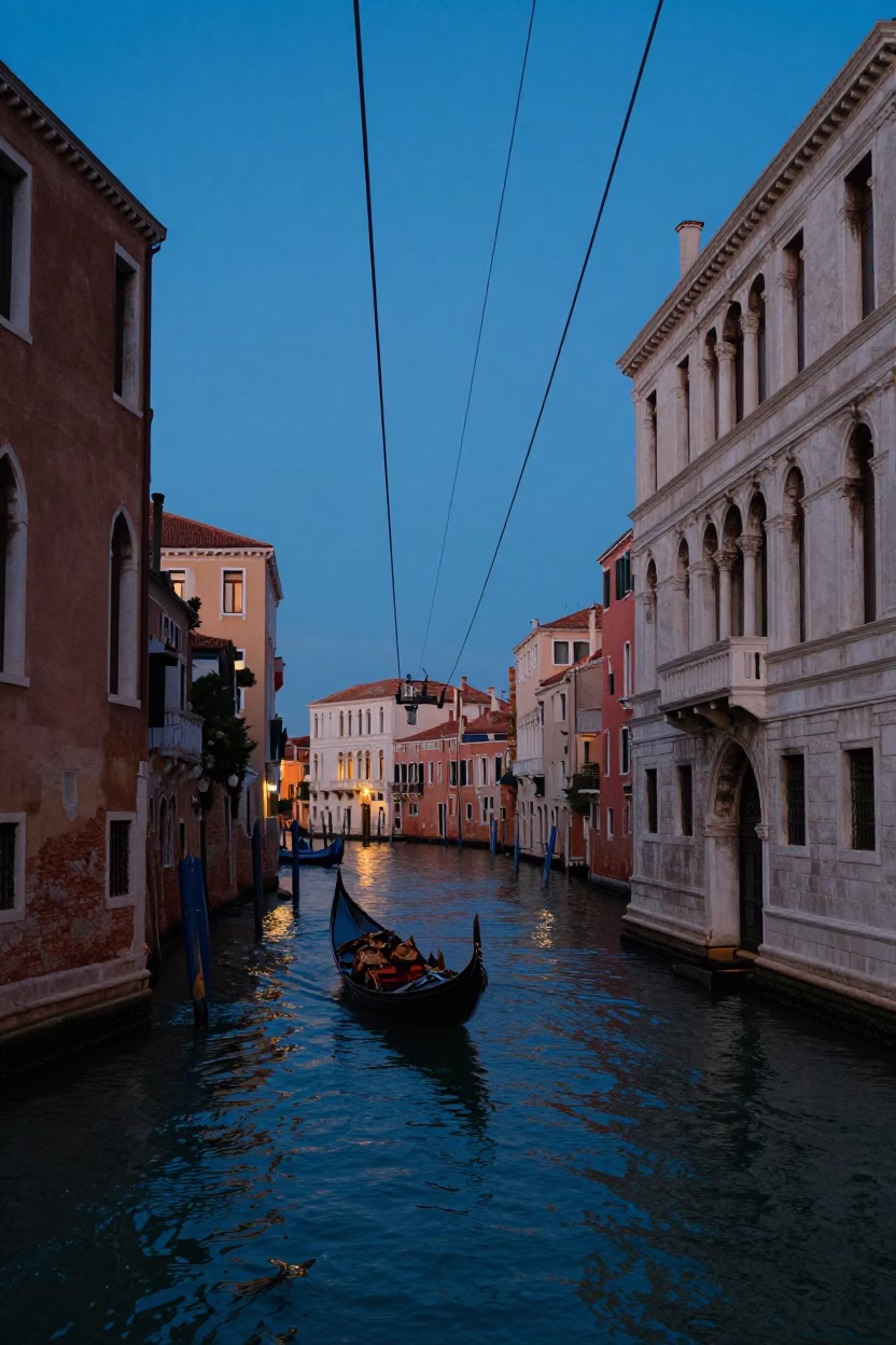Venice Italy Blue Hour Gondola Lift and Waterfront Stone Architecture in in Venice, Italy