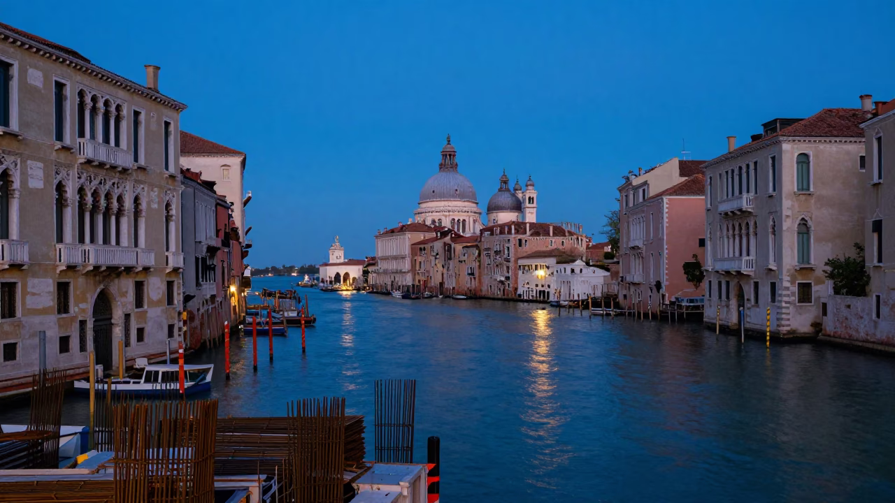 Venice Italy blue hour Grand Canal scene with construction rebar and traditional boats in in Venice, Italy