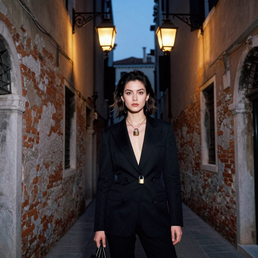 Venice Italy Blue Hour Lantern Alleyway High Fashion Portrait with Padlock Detail in in Venice, Italy