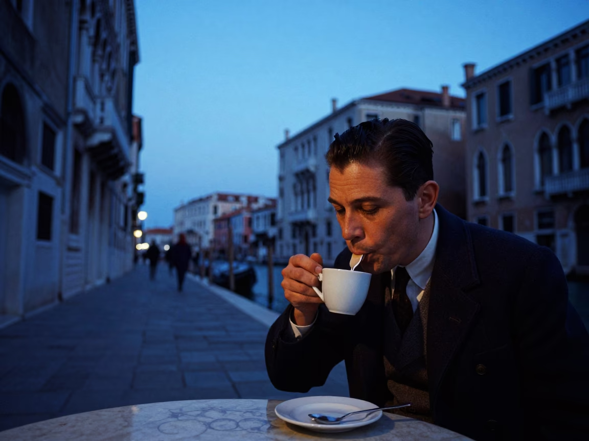 Venice Italy blue hour street scene with coffee cupper slurping silver spoon in in Venice, Italy