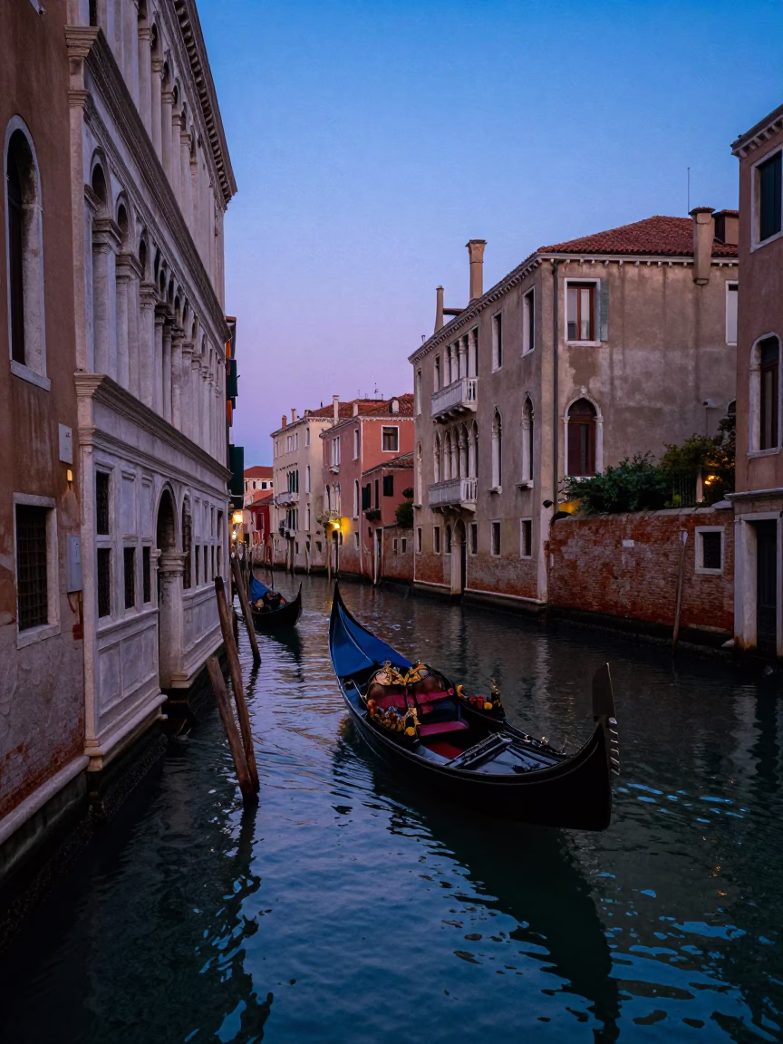 Venice Italy blue hour street scene with gondola and historic architecture in in Venice, Italy
