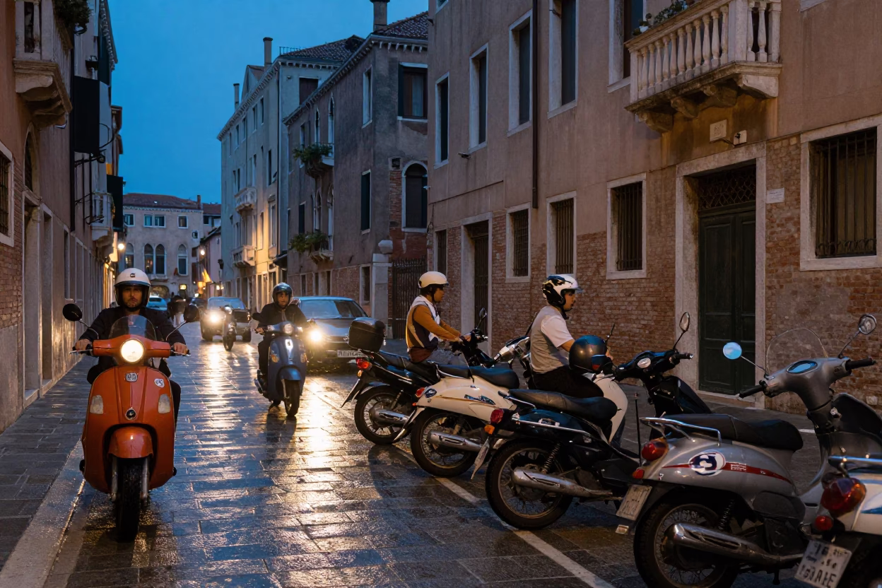 Venice Italy Blue Hour Street Scene with Motorcycle Convoy and Local Architecture in in Venice, Italy