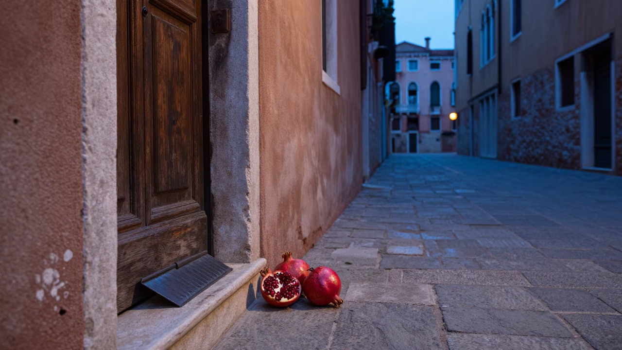 Venice Italy Blue Hour Street Scene with Pomegranate and Boot Scraper Detail in in Venice, Italy
