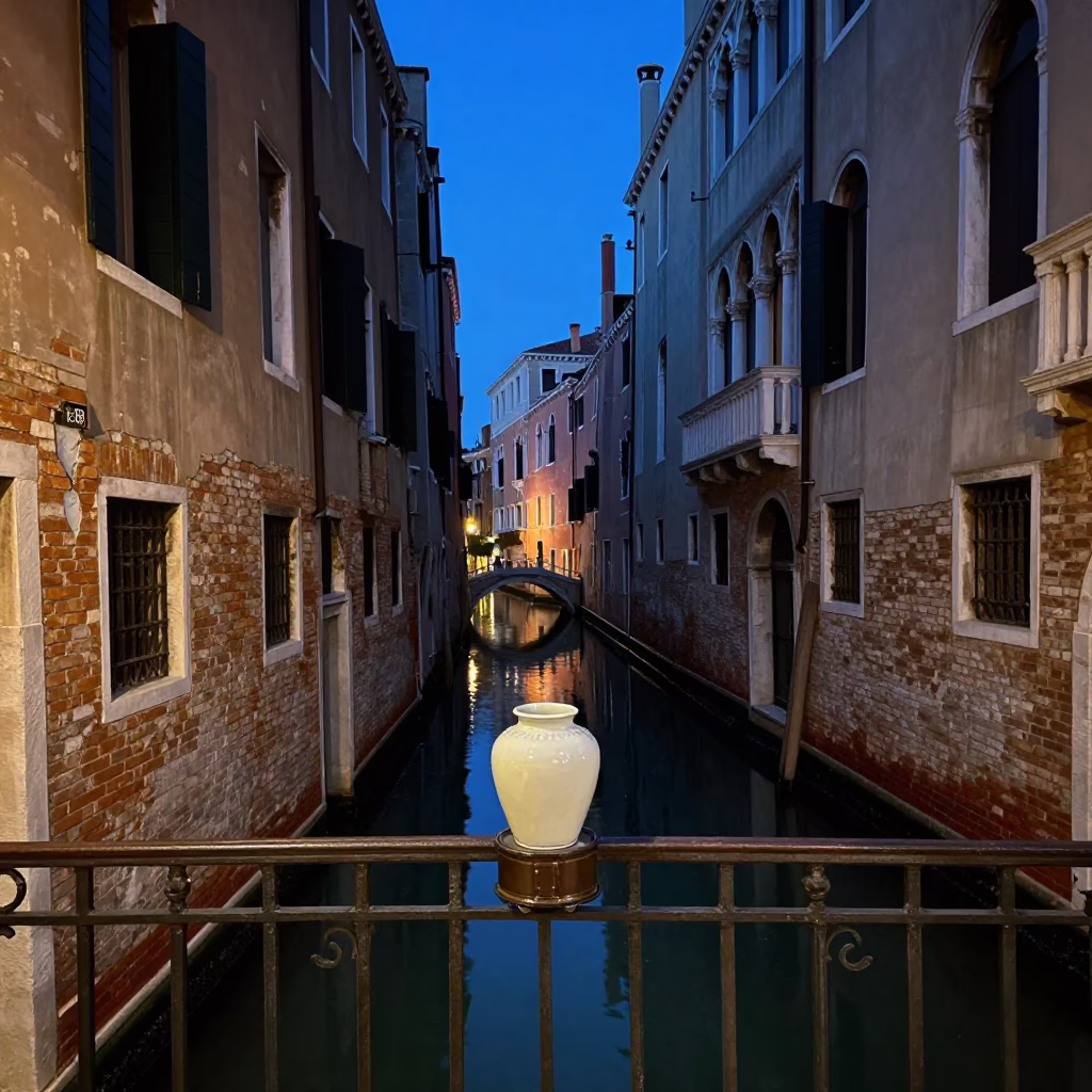 Venice Italy Blue Hour Street Scene with Porcelain Jar on Balcony in in Venice, Italy