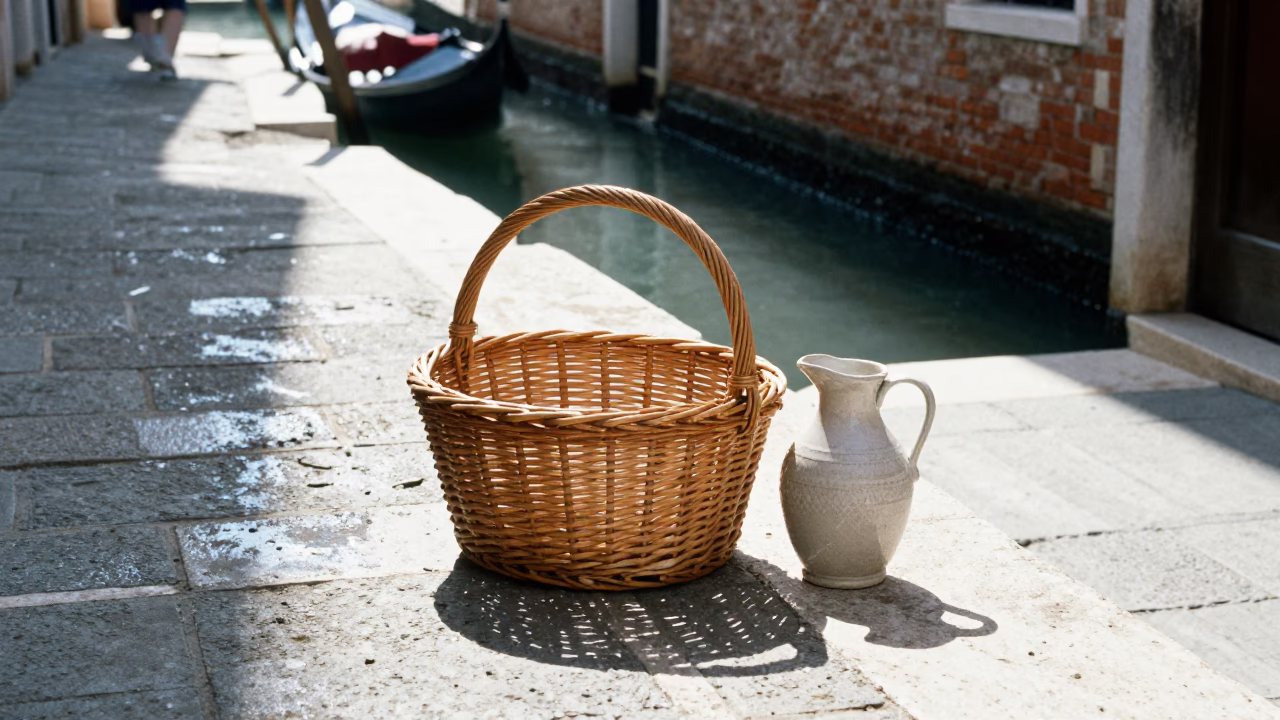 Venice Italy Bright Midmorning Light Canal Scene with Wicker Basket and Ceramic Pitcher in in Venice, Italy