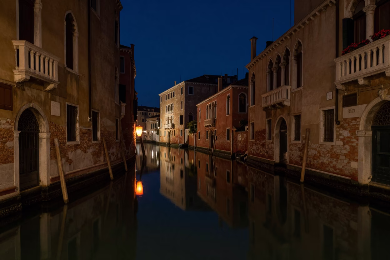 Venice Italy Canal at Deep Night with Paper Lantern Reflections and Stone Architecture in in Venice, Italy