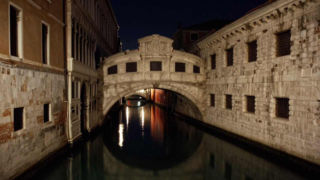 Venice Italy Canal Night Reflections Stone Bridges and Waterfront Architecture in in Venice, Italy