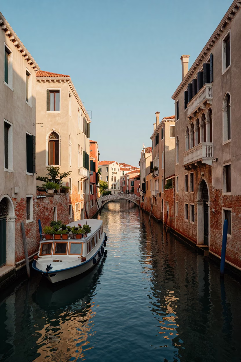 Venice Italy Canal Scene with Houseboat and Clear Late Afternoon Light in in Venice, Italy