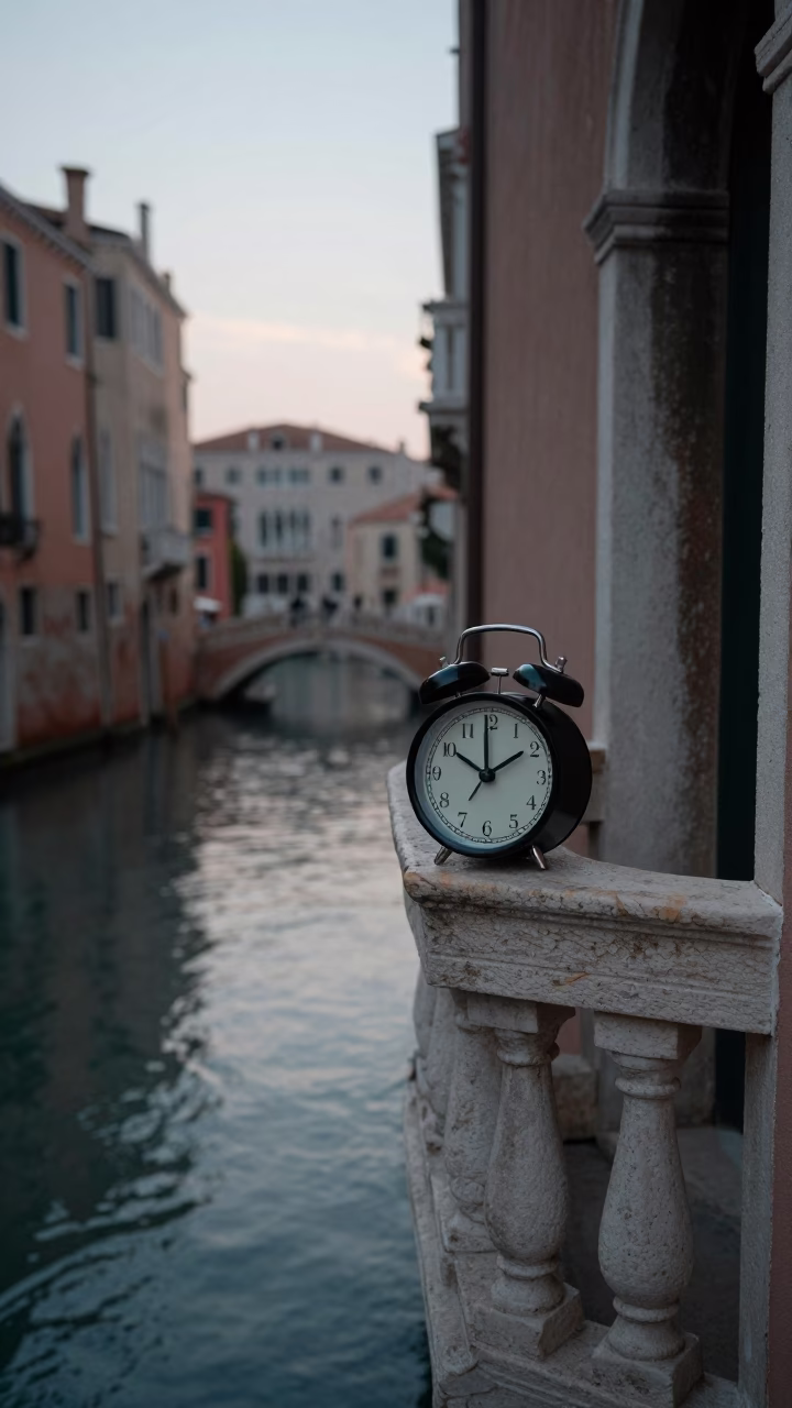 Venice Italy Canal Side Before Sunrise Alarm Clock on Balcony 1990s Street Photography in in Venice, Italy