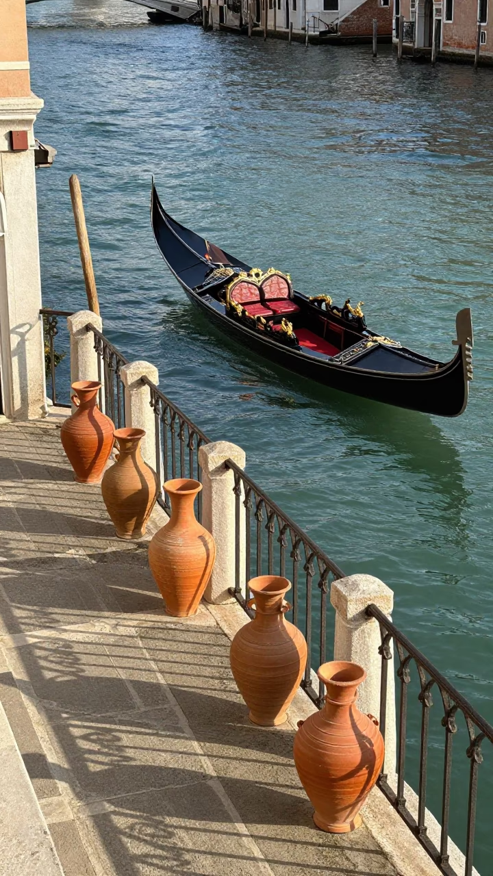 Venice Italy Canal Side Terrace Afternoon Light with Ceramic Vessels and Local Life in in Venice, Italy